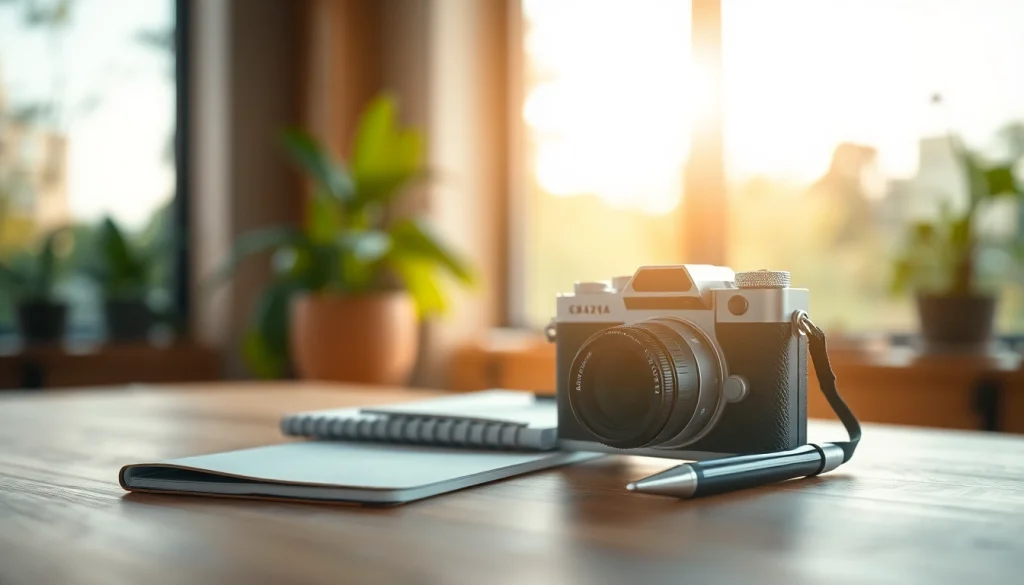 Compact caméra miniature on a desk, showcasing its modern features and sleek design.