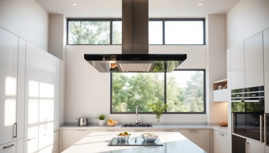 Showcase an island cooker hood above a stylish kitchen island with modern design features.
