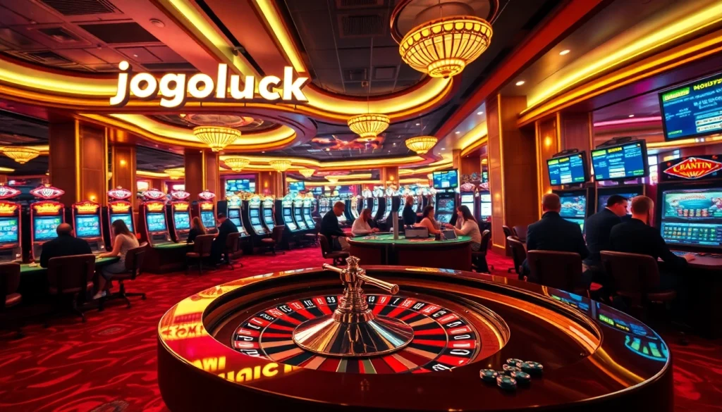 Experience the thrill of jogoluck at a luxurious casino with vibrant slot machines and an active roulette wheel.