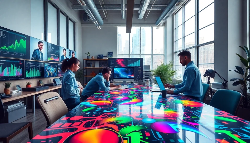 Illustration of a creative team collaborating with RGBET graphics in a modern workspace