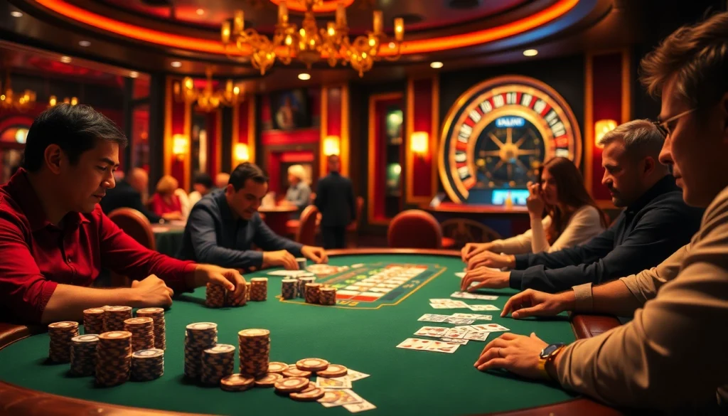 Players enjoy thrilling poker at jogoluck Casino amidst a vibrant gambling atmosphere.