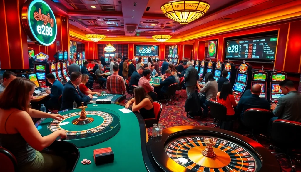 Players enjoying an exhilarating night at the casino with a vibrant e28 betting atmosphere, featuring poker tables, roulette wheels, and slots.