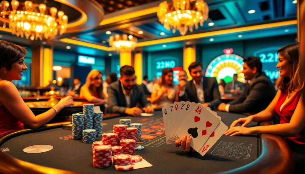 Experience thrilling gameplay at e28 Casino with engaged players around a vibrant blackjack table.