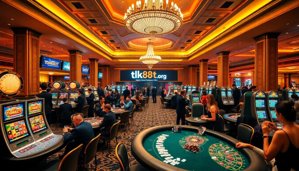 Engaging scene at a vibrant casino floor, featuring players at tables and https://tk88t.org/ logo as casino decor.