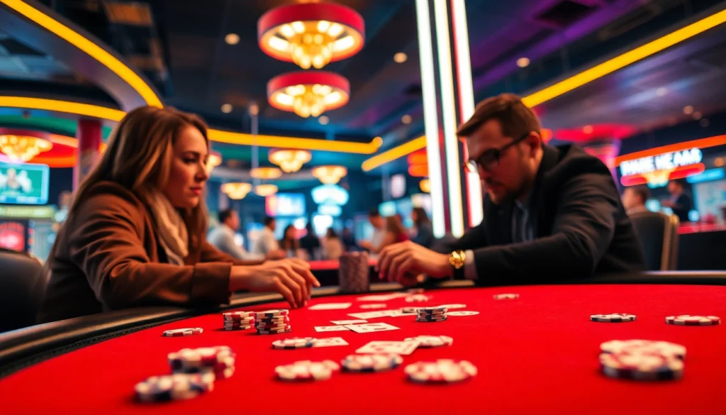 Engaged players strategizing in an exciting online poker game with vibrant neon lights.