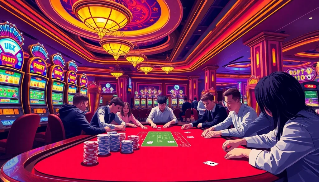 Experience the thrill of poker at UU88 with intense gameplay action and vibrant casino lights.