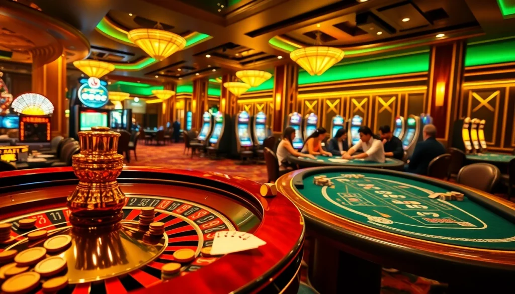 Exciting gameplay at 688v casino with poker tables, roulette wheels, and vibrant slot machines.