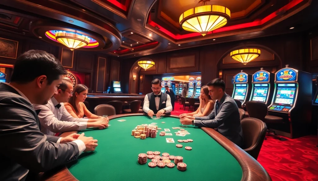 NgonClub gambling scene featuring an exciting poker table action in a luxurious casino setting.