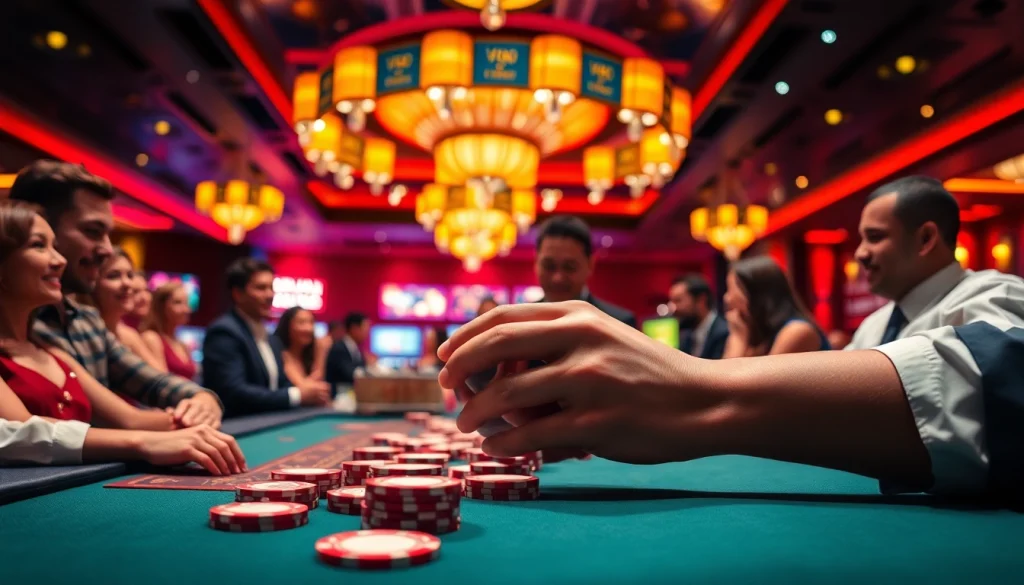 Engaging VNQ8 casino dealer gameplay showcasing vibrant gaming atmosphere.