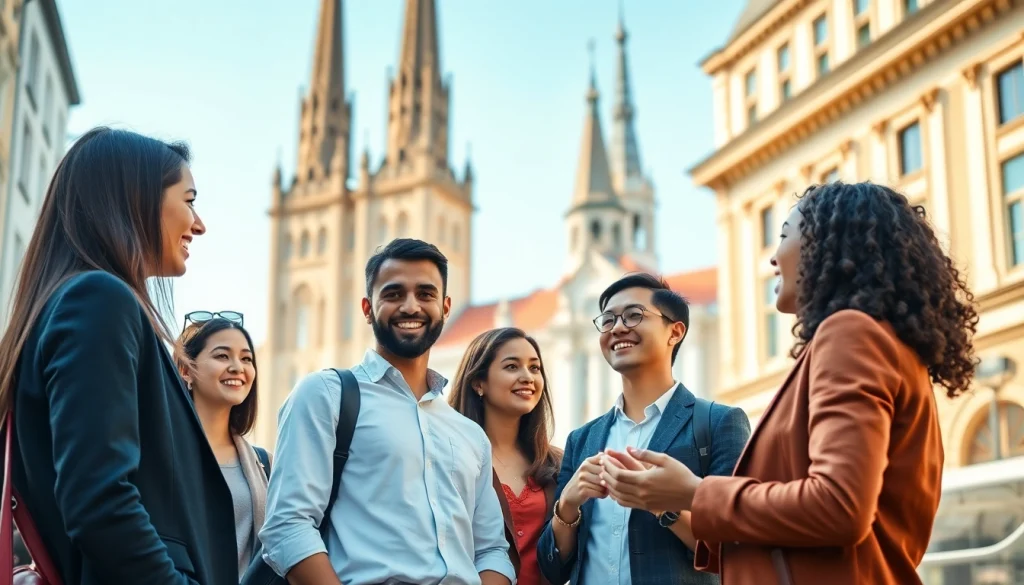 Network of diverse young professionals exemplifying the concept of europe connection in a vibrant city.